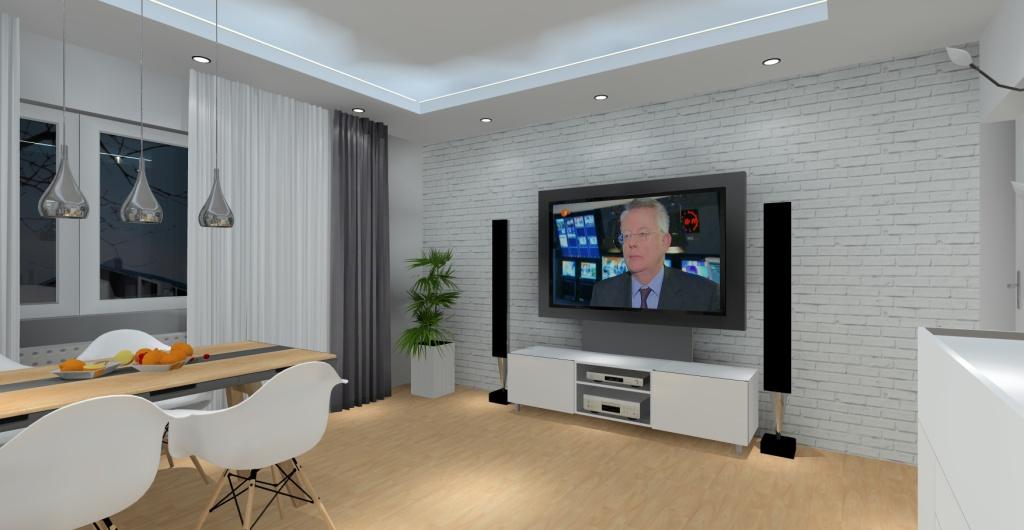 Nowoczesne wnętrze salonu z ścianą telewizyjną na której znajduje się bała cegła